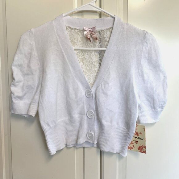 Derek Heart Lace Back Cropped Cardigan Short Sleeve Button Y2K White Sz Large L - Picture 3 of 9